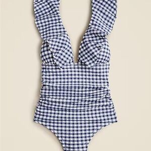 JCREW Ruched Ruffle One Piece Swimsuit in Gingham